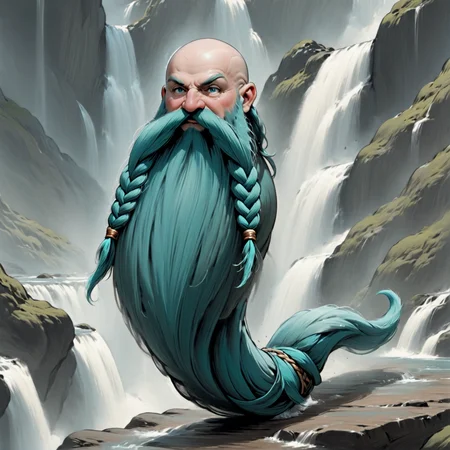 Harry_Dwarf, medium shot, long Turquoise beard, braided moustache, bald, bangles, <lora:Harry_Dwarf_1.5:1>, Running next to a waterfall <lora:add-detail-xl:0.8>