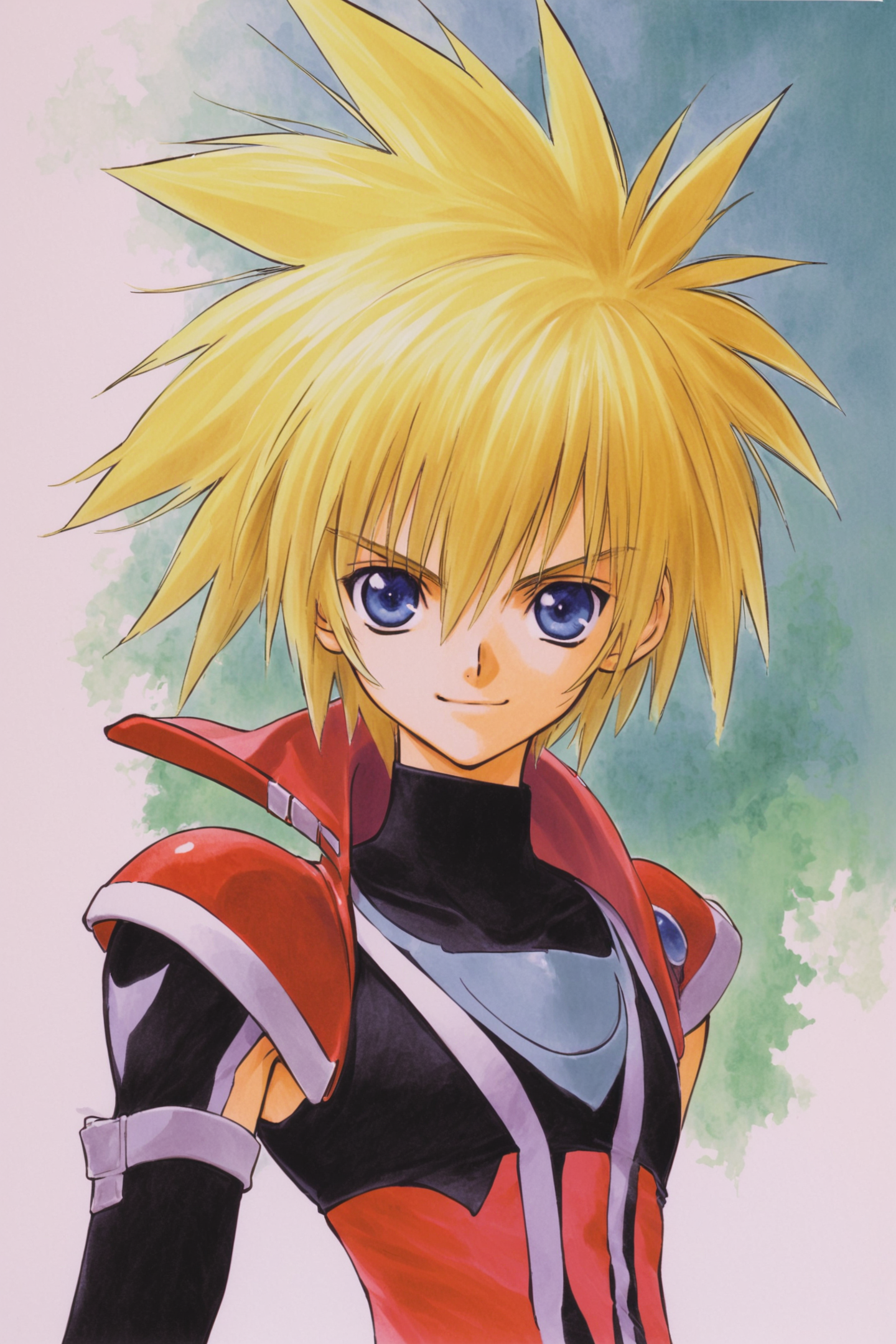 Kyle Dunamis(Tales of Destiny 2),solo,male focus,1boy,blonde hair,blue eyes,white background,spiked hair,simple background,smile,upper body,looking at viewer,watercolor (medium),traditional media,
<lora:Inomata Mutsumi_XL:0.8>,