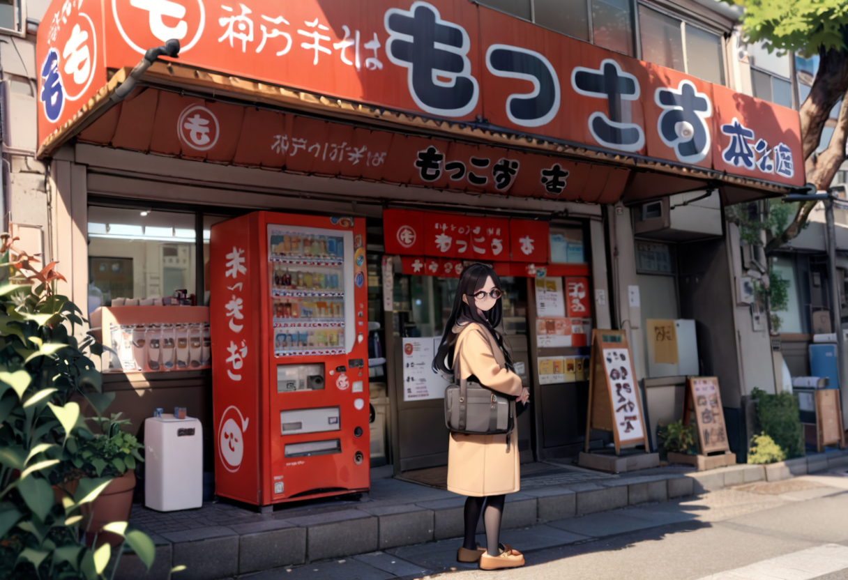 masterpiece, best quality, very aesthetic, absurdres,
1girl, solo, glasses, black hair, long hair, duffle coat, black bag, smile, looking at viewer, solo focus,
moccos, scenery, storefront, japan, tree, scenery, outdoors, building, sign, vending machine, real world location, window, road, shop, plant
<lora:moccos_ramen_JAPAN_storefront_SDXL_V2:0.8>
