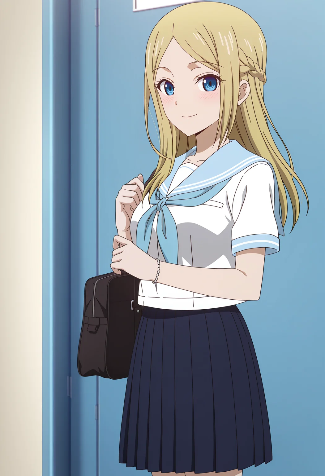 <lora:Ai HAYASAKA_illustrious-000018:1>,1girl,solo,
Ai HAYASAKA,solo,school uniform,skirt,braid,smile,bag,serafuku,looking at viewer,sailor collar,pleated skirt,white shirt,shirt,short sleeves,blue sailor collar,closed mouth,blush,blue skirt,standing,bracelet,black skirt,parted bangs,anime screencap,