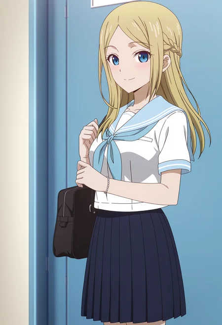 <lora:Ai HAYASAKA_illustrious-000018:1>,1girl,solo,
Ai HAYASAKA,solo,school uniform,skirt,braid,smile,bag,serafuku,looking at viewer,sailor collar,pleated skirt,white shirt,shirt,short sleeves,blue sailor collar,closed mouth,blush,blue skirt,standing,bracelet,black skirt,parted bangs,anime screencap,