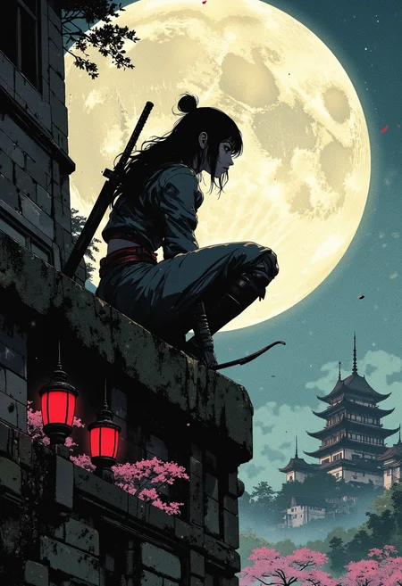 Image is a close up digital fantasy artwork featuring female ninja character squatting high on a japanese castle wall. She has pale skin with black hair. She's wearing a ninja outfit with a ninja mask and katana on her back. In her hands is a bow. The background is of a japanese castle, full moon, laterns, japanese garden.
