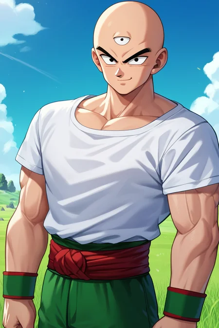 score_9, score_8_up, score_7_up, score_6_up, score_5_up, score_4_up BREAK source_anime, tien,1boy, solo, male focus, looking at viewer, bald, black eyes, muscular male, upper body, white t-shirt, third eye, red sash, green wristband, standing, smirk, blue sky, cloud, grass,rock,green pants, <lora:TienPony:1>
