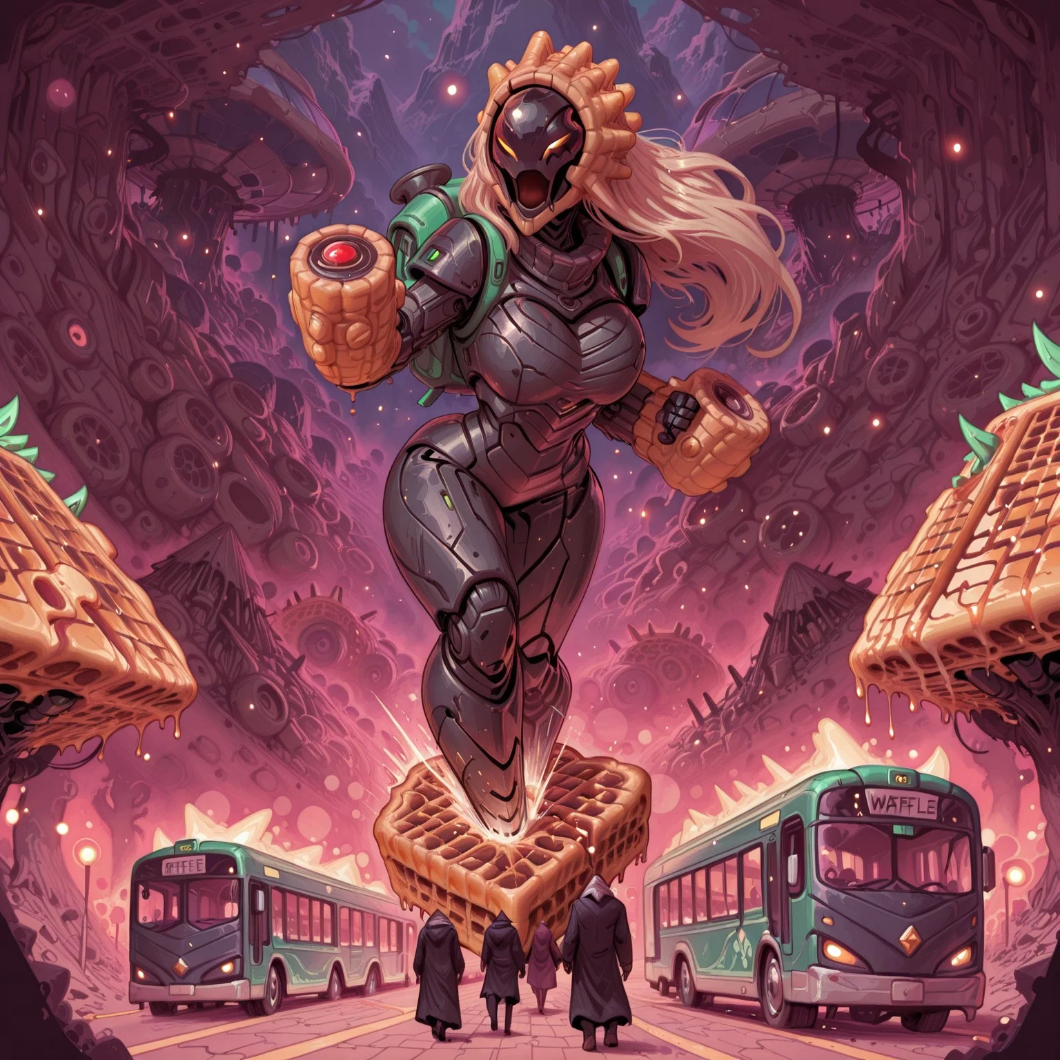 ((medium long shot)), art by demimond23, bokeh, BlackT40k
/, ((waffle monster, monster made out of waffles, waffle covered monster), bus), attacking bus, kicking bus side,