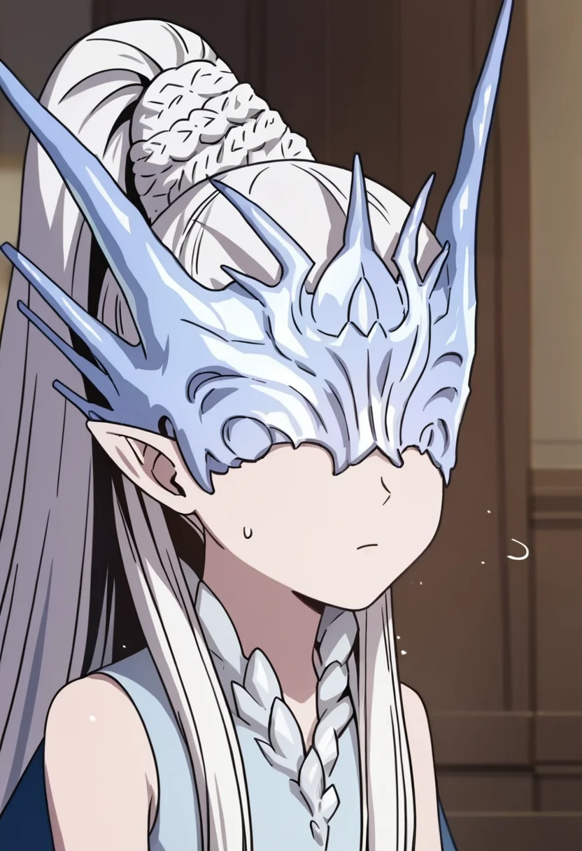 score_9, score_8_up, score_7_up, source_anime,anime screencap, anime coloring,intricate details,rating_safe, masterpiece, best quality,
(best quality, absurd res, ultra detailed),1girl, ((solo)), good eyes,perfect eyes,,detailed eyes, ,detailed, detailed face,<lora:add-detail-xl:3>,
BREAK
<lora:FrostQueen:1>, FrostQueen, 1girl, pointy ears, long hair, white hair, ponytail, ice wings, ice dress, covered eyes, ice mask, ice thighhighs,
ears down,worried,sweatdrop,