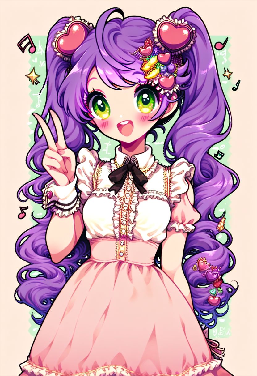 score_9, score_8_up, score_8, medium breasts, (curvy), cute, eyelashes, 
pastel, 
1girl, solo, long hair, looking at viewer, blush, smile, open mouth, skirt, hair ornament, dress, twintails, very long hair, green eyes, purple hair, ahoge, :d, heart, pantyhose, frills, wrist cuffs, v, musical note, idol, wing hair ornament, pastel colors,
zPDXL