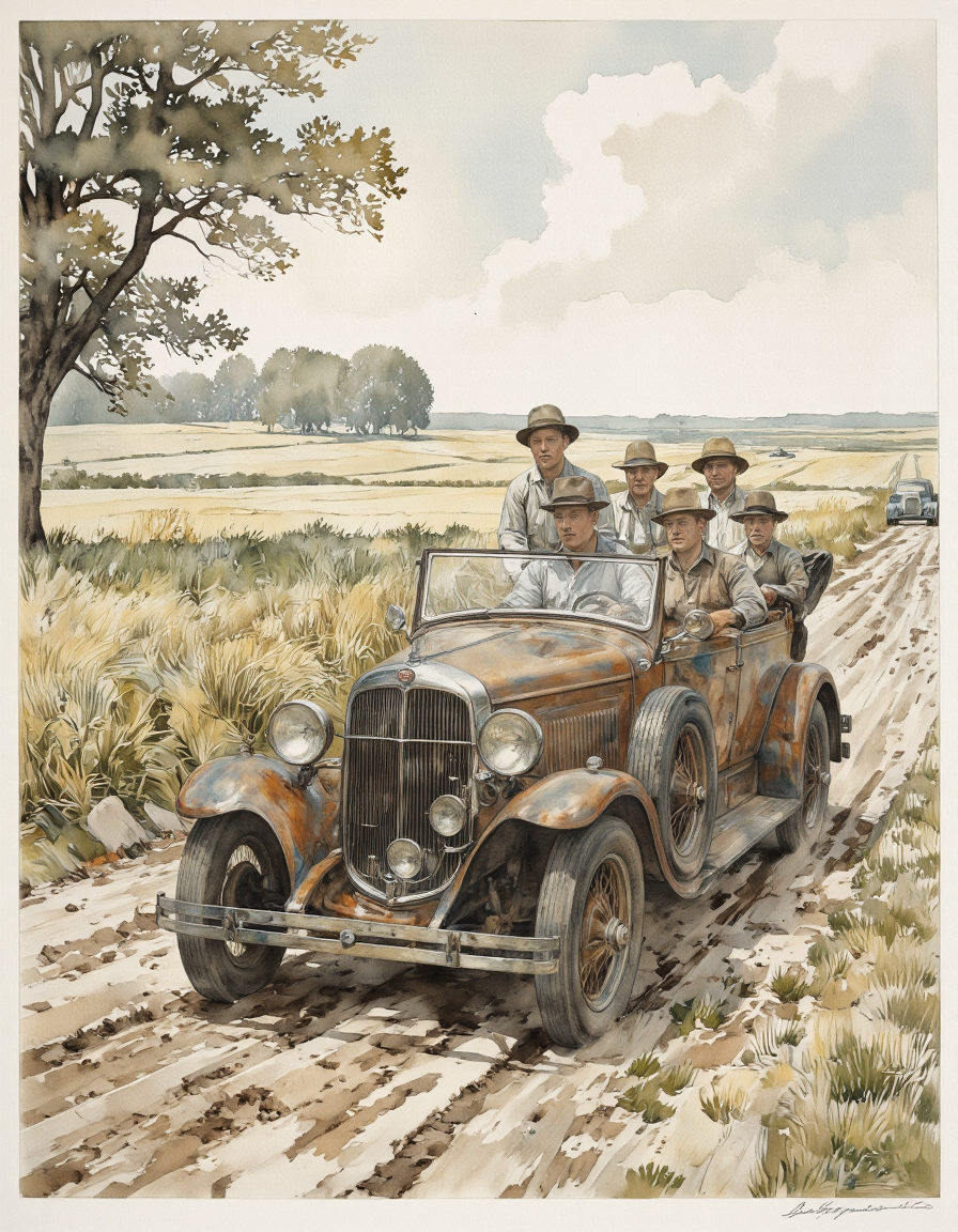 Inkquaria. A vintage illustration shoot from the front about a vintage car driving on a dirt road with four men in the back, wearing hats, in a rural landscape with a cloudy sky. on the middle of the image, a man is driving an old, rusty car, with a group of men standing behind him, all wearing hats. the car has a classic design with a large grille and chrome accents, and the men appear to be in their mid-twenties, with one man sitting in the driver's seat and the others standing behind the car. the men are all facing the viewer, with serious expressions on their faces. the background features a field with tall grass and a lone tree on the left, and another car is visible in the distance. the image has a watermark in the bottom right corner.