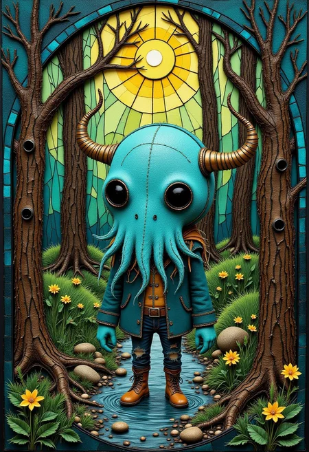 Art by (Charles Rennie Mackintosh, Li Chevalier, Jean Giraud, Lena Alexander, Louis Comfort Tiffany), (Portrait of Hornedsquid exploring a crooked dark forest), line art, watercolor wash, stained glass, luminism, rays of sunlight, dynamic composition, 60-30-10 color rule,