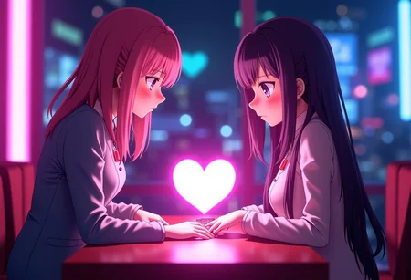 A cyberpunk café setting where futuristic anime waifus give holographic love letters and heart-shaped gadgets to each other.