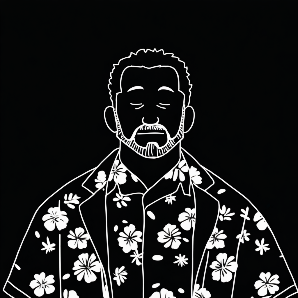 blwlinart, 1boy, monochrome, greyscale, facial hair, black background, beard, closed eyes, floral print, simple background, hawaiian shirt, jacket, closed mouth, short hair, facing viewer<lora:black_white_potrait_lineart:1>