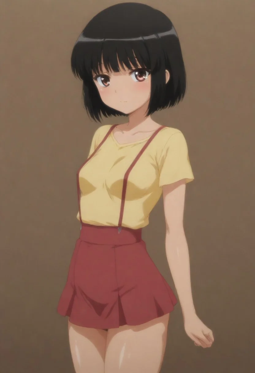 masterpiece, best quality, amazing quality, 1girl, solo,,, shiny skin,,,,,Toire no Hanako-san no Sakurako-san,black_hair, short_hair, small breasts, short body,yellow shirt,suspenders, red skirt,