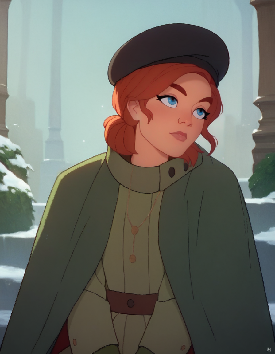 score_9, score_8_up, score_7_up, score_6_up, hi-res, 8k, Anastasiacv, 1girl, redhead, single bun hair, blue eyes, green coat, black beret <lora:Anastasia_Don_Bluth:1>