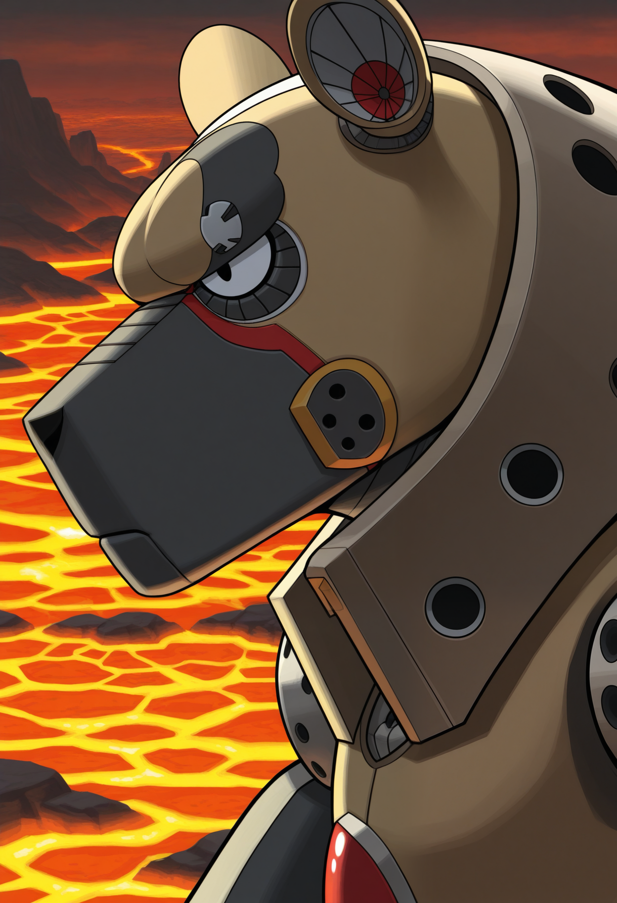 masterpiece,best quality,amazing quality, 1boy, solo, fl4m3, robot hyena boy, black eyes, close up, side angle, outside, lava,