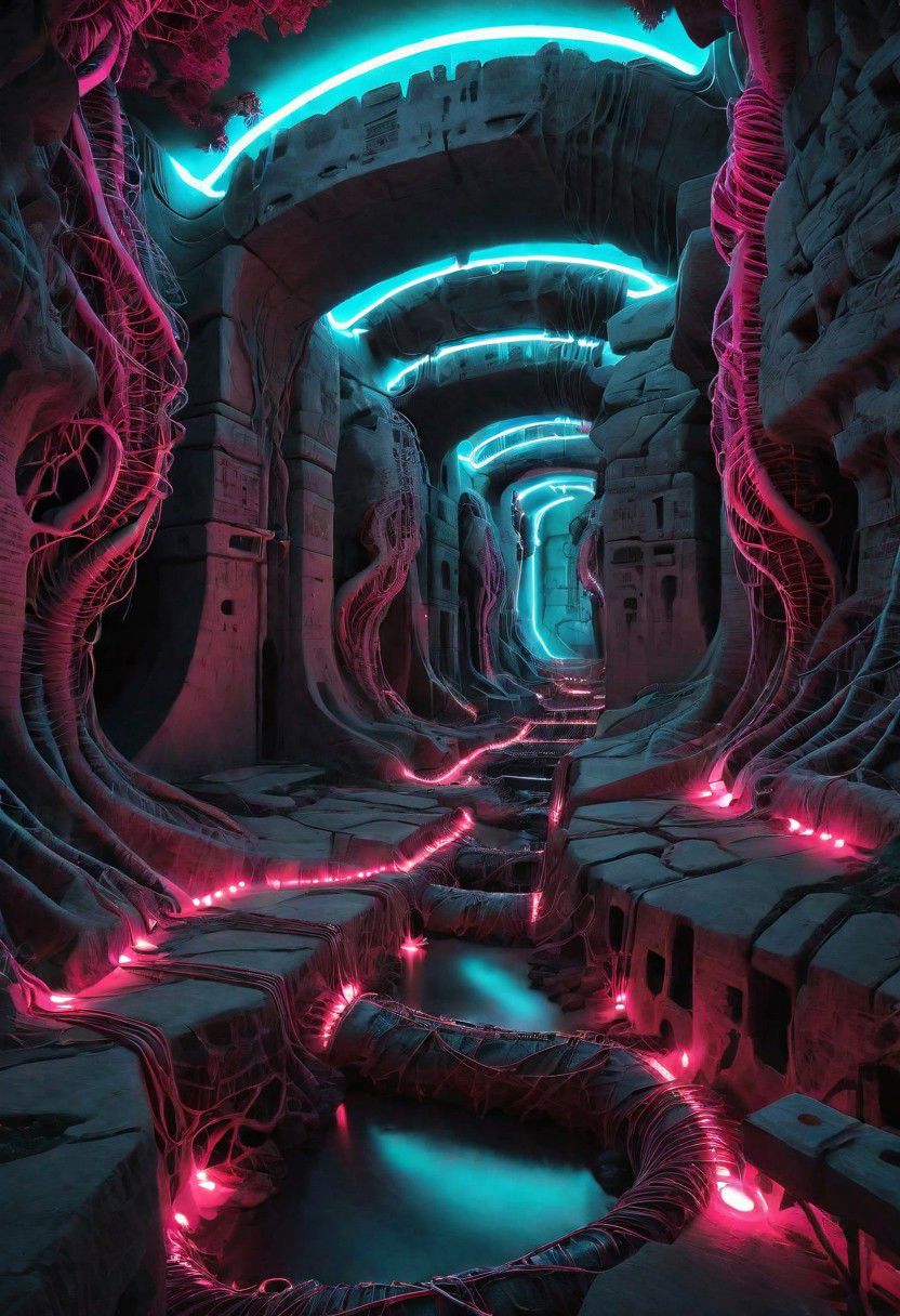 ASCIIPhotorealistic, Octane render, hyper realistic textures, Twisting cavernous Cyberpunk catacombs, tunnels lined with pipe work and wires, drab graffitied concrete illuminated by the soft glow of neon lighting, thick twisting tree roots growing in through the walls, masterpiece, sci-fi, dramatic lighting, vaporwave vibe