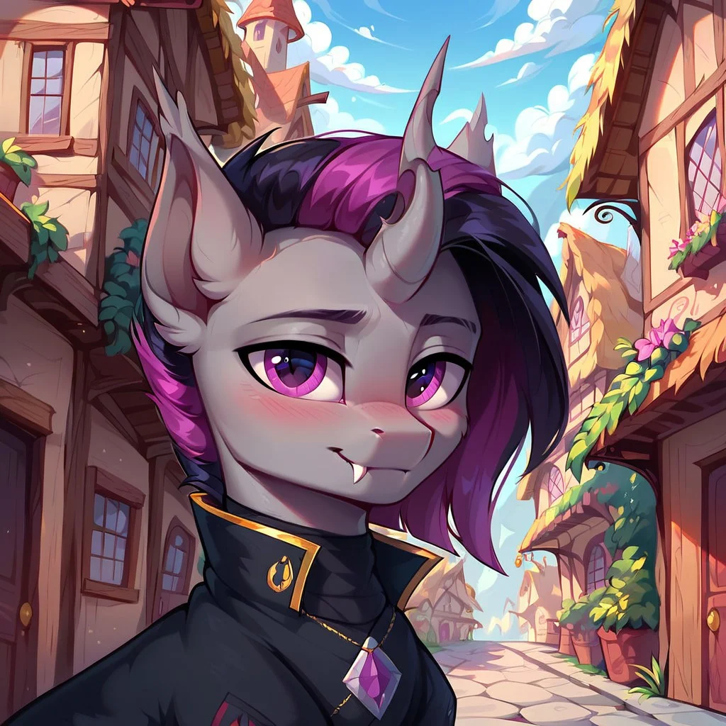 masterpiece, score_9, score_8_up, score_7_up, (best quality:1.1), ultra-detailed, high resolution, solo, Нептун Хербст, male, changeling, mlp, feral, ragged ears, (((beautiful detailed purple eyes))), single horn, gray skin, purple membrane mane, black coat, black neck warmer, detailed clothing, fang, highly detailed macro illustration, smiling, blushing, mlp, outside, Highly Visible, (((8k))), sharp focus, perfect lighting, anatomically correct, extremely detailed, shine on body, (Pony town), high detail, cute face, Expressiveh, detailed background, OverallDetail, zPDXL2,