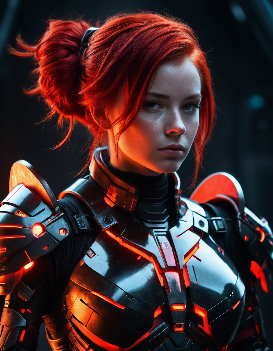 masterpiece, best quality, 1girl, sci-fi armor with black and red colors, glowing elements, redhair