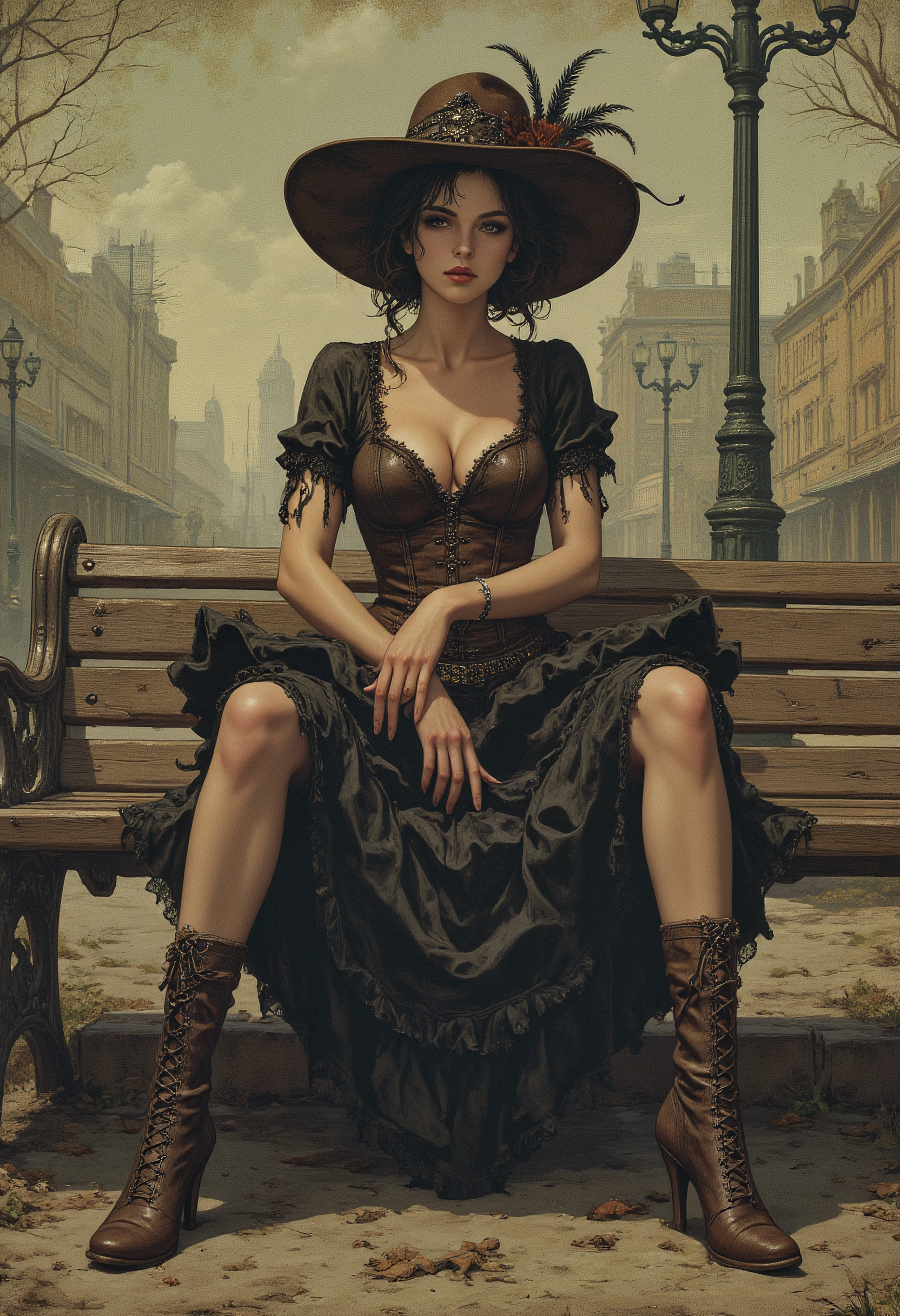 Illustration: Young, stylized female figure,  circa teenage-early twenties, sitting on park bench.  Black and white striped stockings, laced brown heeled boots, detailed steampunk aesthetic.  Dark brown corset top, layered ruffled black lace skirt.  Large ornate hat with feather accents and floral detail,  resting on head.  Intense, dramatic expression; large, dark eyes, slightly downturned lips.  Smoking cigarette in hand.  Detailed, textured clothing.  Composition emphasizes figure from knees up; seated pose.  Atmospheric perspective.  Vintage, gothic, art nouveau style.  Urban setting, with faded cityscape background; textured, sepia tones.  Rustic park bench with intricate design; wood-like texture.  Muted tones of brown, sepia, and dark gray, with subtle hints of pastel shades for atmosphere.  Intricate details in drawing style of Alphonse Mucha. Dramatic lighting suggests a late afternoon scene.   Detailed perspective and camera angle emphasize figure. Dark atmosphere; melancholic mood.
