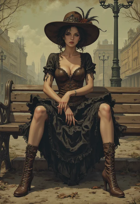 Illustration: Young, stylized female figure, circa teenage-early twenties, sitting on park bench. Black and white striped stockings, laced brown heeled boots, detailed steampunk aesthetic. Dark brown corset top, layered ruffled black lace skirt. Large ornate hat with feather accents and floral detail, resting on head. Intense, dramatic expression; large, dark eyes, slightly downturned lips. Smoking cigarette in hand. Detailed, textured clothing. Composition emphasizes figure from knees up; seated pose. Atmospheric perspective. Vintage, gothic, art nouveau style. Urban setting, with faded cityscape background; textured, sepia tones. Rustic park bench with intricate design; wood-like texture. Muted tones of brown, sepia, and dark gray, with subtle hints of pastel shades for atmosphere. Intricate details in drawing style of Alphonse Mucha. Dramatic lighting suggests a late afternoon scene. Detailed perspective and camera angle emphasize figure. Dark atmosphere; melancholic mood.