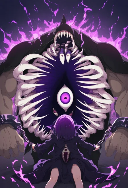 great quality,1boy,solo focus,hetero, ENStyle,,(almic,akakura,ogipote,:0.9),2024 style, (sincos:0.8),extra mouth and eye on stomach, many fangs on stomach,monster,extra mouth on stomach, arms, cuffs,feet out of frame,witch,purple effect, purple aura,dark effect