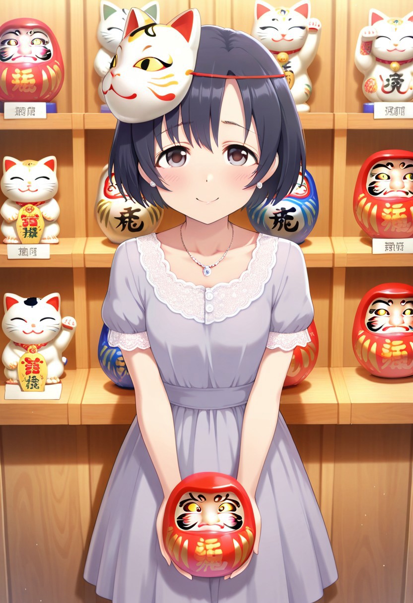 masterpiece,best quality,amazing quality, shiragiku hotaru, short hair, black hair, brown eyes, daruma doll, 1girl, maneki-neko, solo, dress, jewelry, necklace, mask, short sleeves, smile, looking at viewer