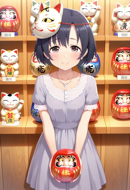 masterpiece,best quality,amazing quality, shiragiku hotaru, short hair, black hair, brown eyes, daruma doll, 1girl, maneki-neko, solo, dress, jewelry, necklace, mask, short sleeves, smile, looking at viewer