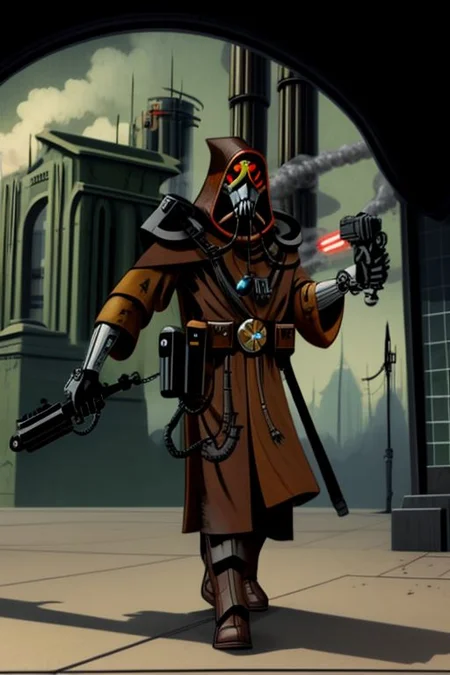 ((masterpiece,best quality)), absurdres, BREAK
mechanical arms, robes, hood, BREAK
((techpriest)), cyborg, mechanical face, mechanical limbs, gas mask, mechanical tentacles, (mechanical backpack), BREAK
1other, solo, holding pistol, firearm, handgun, pistol, gun, BREAK
factory background, smoggy sky, air pollution, smokestacks, BREAK
(tcw2003 style)