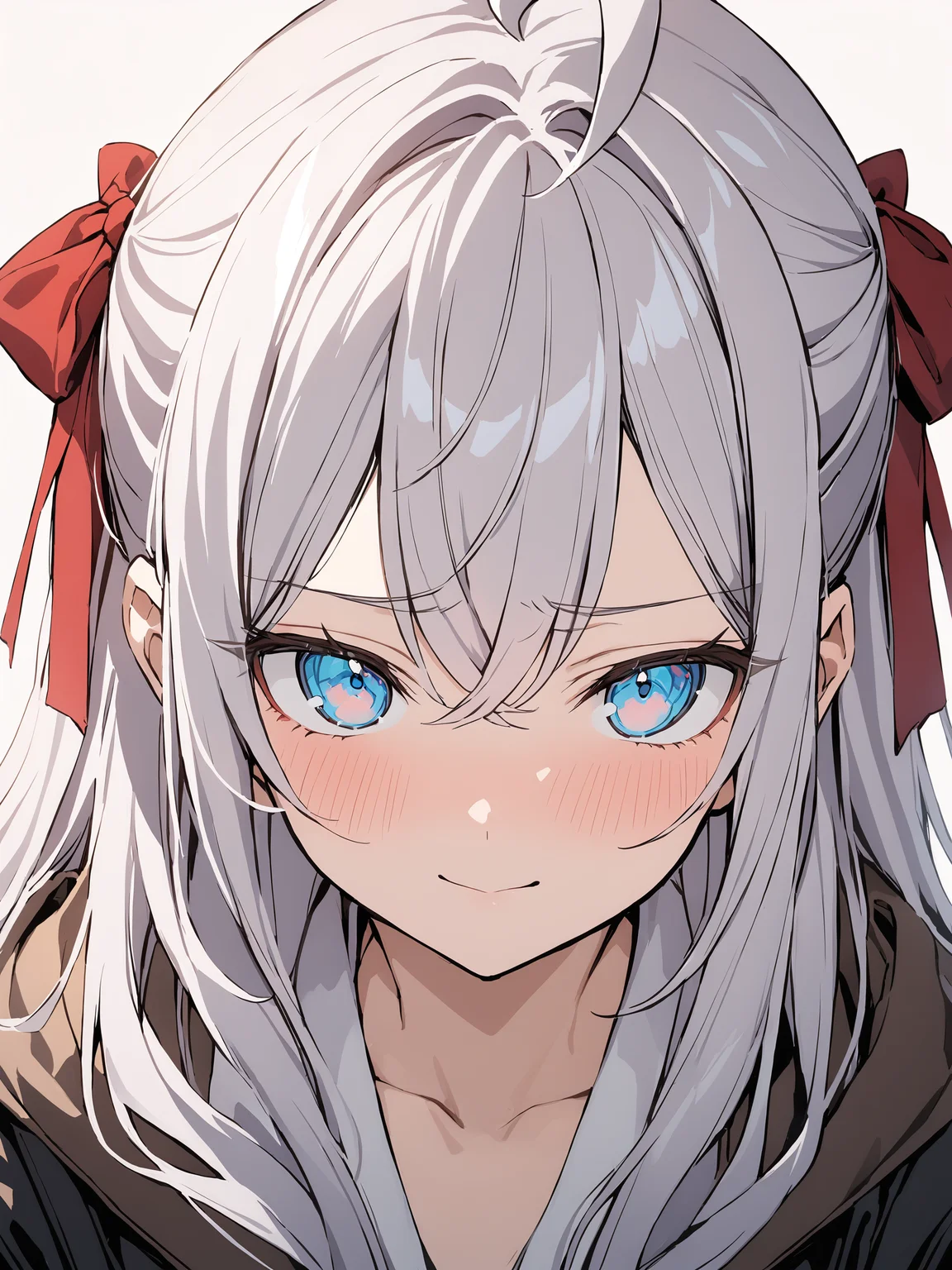 alya_imoto, blue eyes, white hair, long hair, hair ribbon, red ribbon, ahoge,
portrait, close up, shy smile face, face to viewer, www,
best quality, masterpiece,
<lora:hinaAlyaMashaYuki_sdxl_wifu_v1:0.7>