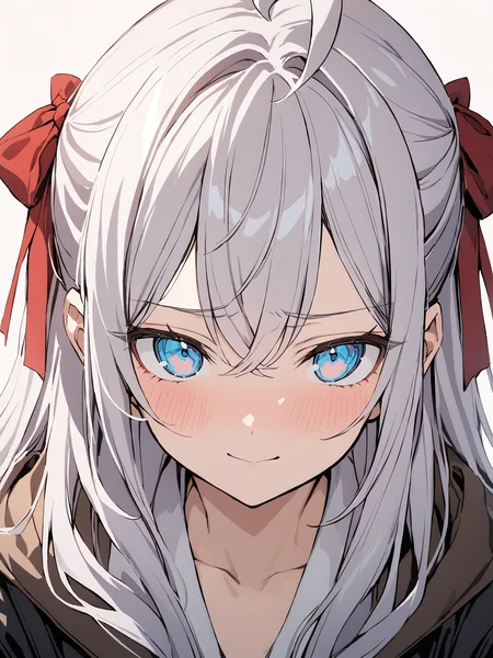 alya_imoto, blue eyes, white hair, long hair, hair ribbon, red ribbon, ahoge,
portrait, close up, shy smile face, face to viewer, www,
best quality, masterpiece,
<lora:hinaAlyaMashaYuki_sdxl_wifu_v1:0.7>