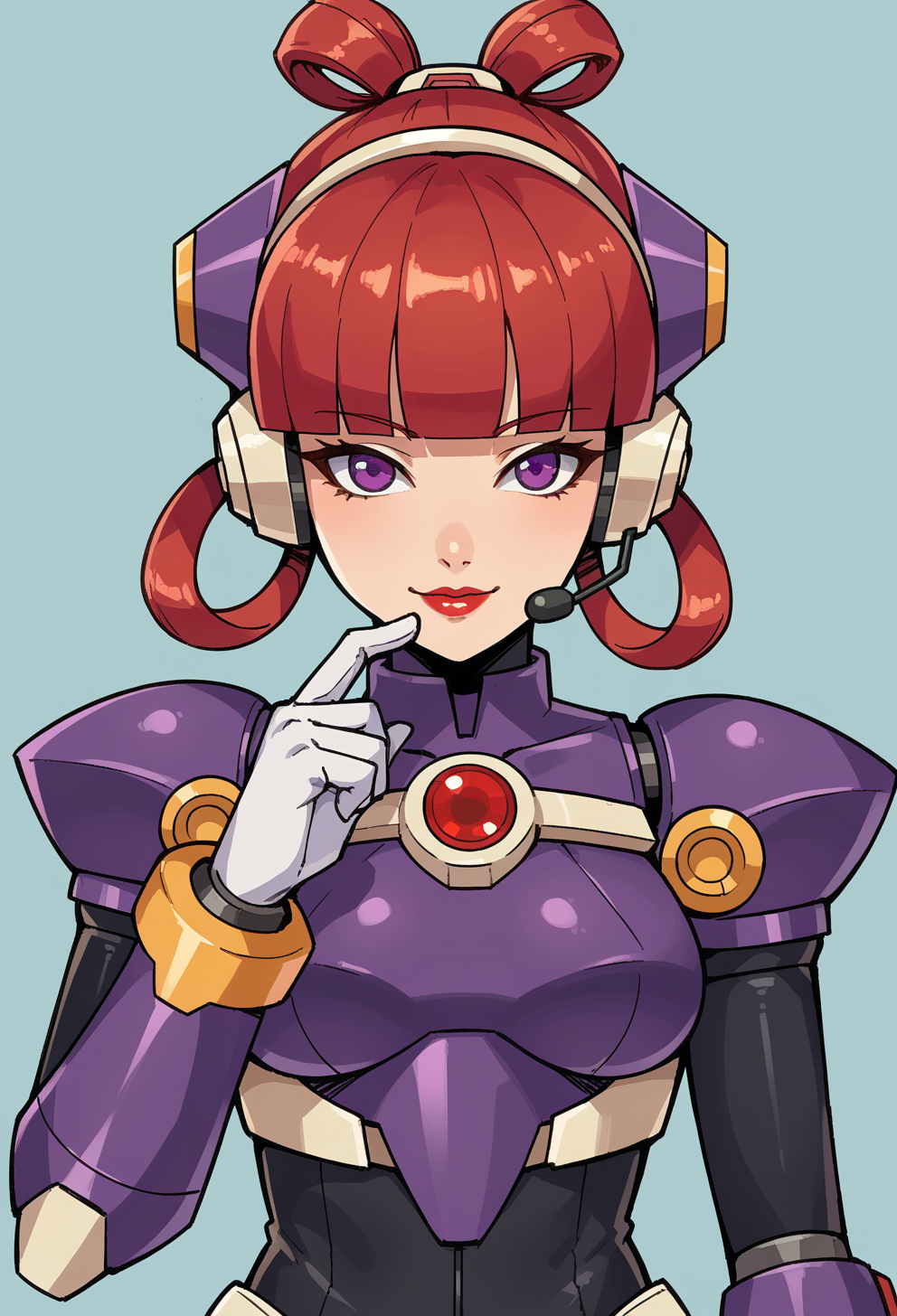 score_9, score_7_up, source_anime, solo, BREAK  <lora:Reploid_v2.0:0.8> megamanreploid, android, gloves, white gloves, armor, bodysuit, robot ears, headset,  purple armor,, solo, seductive smile, red lips, 1girl, purple eyes, red hair, blunt bangs, medium breasts, (low hair rings:1.2),