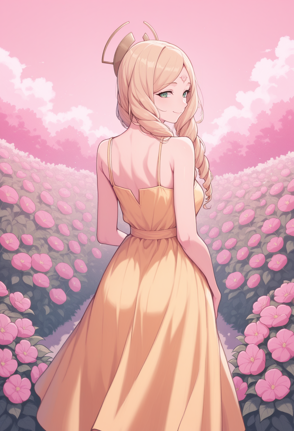 masterpiece, best quality,  <lora:NSEmmerynAwoke:1> NSEmmerynAwoke, blonde hair, green eyes, long hair, forehead mark, drill hair, hair ornament, from behind, looking back, yellow sundress, smile, garden, flowers, pink theme, light pink sky