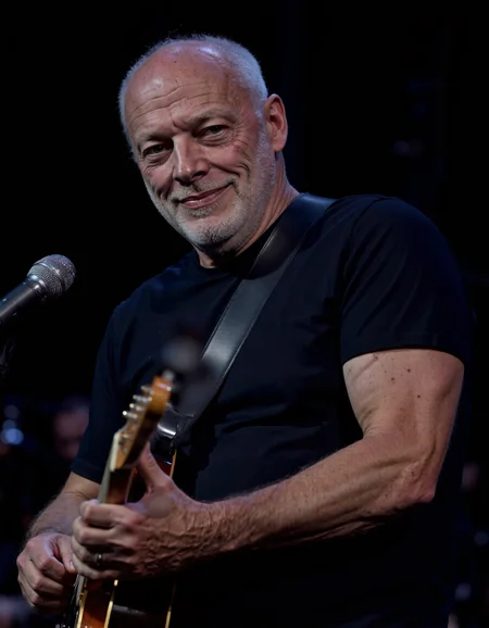 <lora:DAVID_GILMOUR:1>, The image is a photograph featuring a middle-aged man with a bald head and a short white beard. He is captured mid-song, with a slight smile and a relaxed expression. The man is wearing a plain, dark-colored t-shirt and has a strap of a guitar slung over his shoulder. The guitar, which he is holding, is a wooden electric guitar with a sleek finish and visible frets. The background is dark and out of focus, likely indicating that the photograph was taken at a live concert or performance setting. The lighting is focused on the subject, highlighting his face and the guitar, while the rest of the scene remains dim. The man's eyes are looking slightly to his left, adding a sense of depth and engagement to the image. The photograph captures the moment of performance, emphasizing the musician's connection with his instrument and the audience. The overall mood is one of relaxed, joyful engagement with the music.