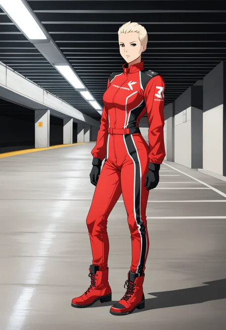 1girl,sierraknox,standing, <lora:SierraKnoxAM:0.95>,uniform,solo,red clothes,jacket,bodysuit,pants,boots,full body,expressionless,in parking garage,buzzcut