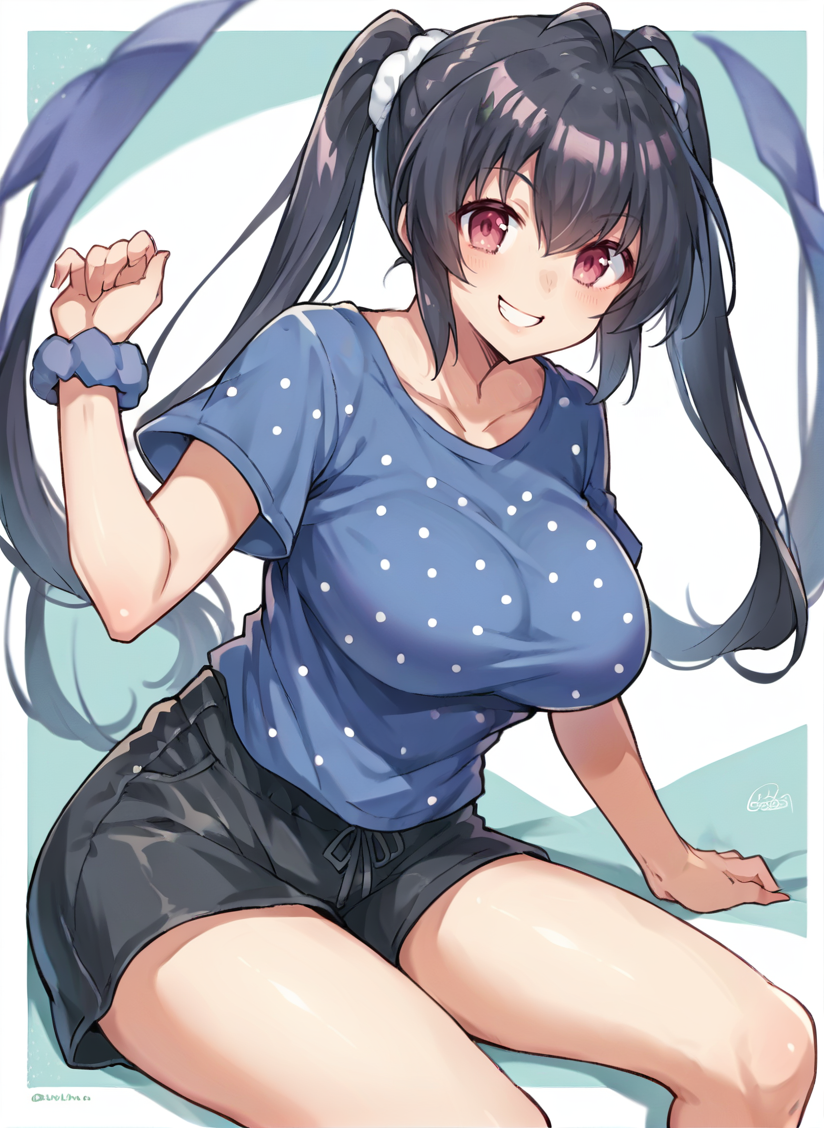 score_9, score_7_up, score_6_up, source_anime, 1girl, solo, hakobenaru, pink eyes, large breasts, blue shirt, polka dot, short sleeves, black shorts, hair scrunchie, smile, <lora:naru_SDXL-09:1>,