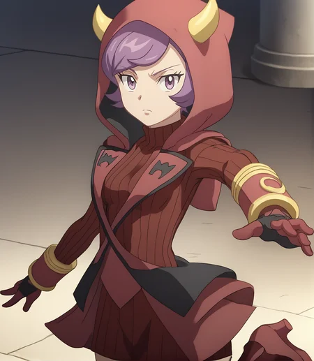 score_9,score_8_up,score_7_up,score_6_up,source anime BREAK, anime screencap
1girl, solo, courtney (pokemon), purple hair, swept bangs, eyelashes, purple eyes, short hair, medium breasts,
hood, hood up, horned headwear, team magma uniform, ribbed sweater, fake horns, turtleneck dress, hoodie, gloves, knee boots, heels, red dress,
cowboy shot, outdoors, dark background, dynamic pose,
 <lora:courtney_v1_0:1>  <lora:Anime Screencap_epoch_10:1>