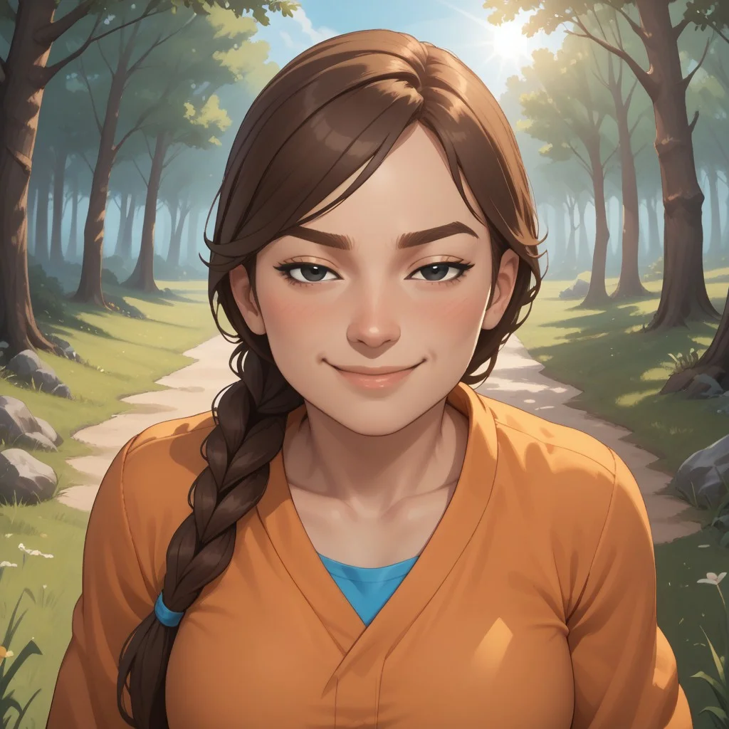 score_9, score_8, BREAK, solo, mii, wii, wii sports resort, female mii, 1girl, cute, brown hair, brown eyebrows, rectangle eyebrows, black eyes, sleepy eyes, half circle eyes, small nose, blush, :I, Hiromi_(\Wii_Sports_Resort\), breasts, Nintendo Mii, modern_mii, classic_mii, sexy pose, self portrait, smile, outdoors, sunlight, shadows, evening lighting, natural lighting, forest, trees, grass, orange sky, sunset