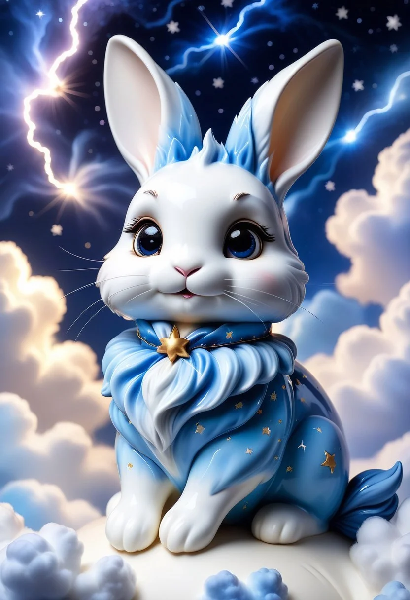 1 baby bunny made of Bluepatternporcelain being playful, wearing ribbon choker in different colours, different fur, super cute,, The bunny raises its paws towards the viewer, in the galaxy, space bunny lying on a ruffled pillow in the clouds,lluminated by the ethereal glow of cosmic lightning, the light is reflecting shadows on the cute animal, for the viewer, it appears alive, as if a glimpse of its inner sparkle is possible, star sky, peacful and grateful atmosphere, painted hearts, magical atmosphere, close up(((cuteness overload))