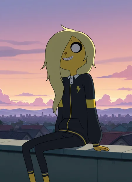artist:, masterpiece, best quality, newest, very awa, absurdres, highres, advt, 1girl, brnv, grin, yellow skin, large eyes, button nose, skinny, blonde hair, black tracksuit, striped tracksuit, striped pants, black pants, sitting, roof, daytime, modern city, clouds, loking at viewer, detailed