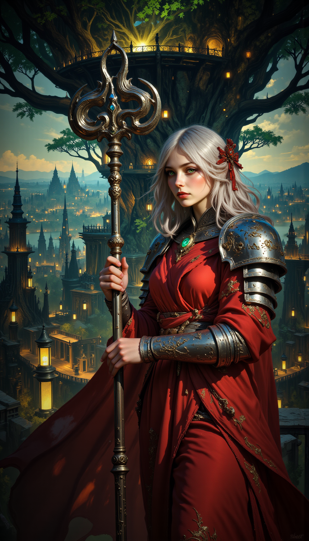 A breathtaking and majestic scene of a tall elven warrior standing as the guardian of a magnificent, multi-tiered city built around the colossal Tree of Life. She is the embodiment of elegance and strength, her presence commanding and regal. Her armor is a masterful blend of functionality and beauty, each piece meticulously crafted and adorned with intricate details.

Her chestplate is made of polished silver, engraved with swirling patterns that mimic the branches of the Tree of Life. Over it, she wears a flowing crimson dress, its fabric shimmering like liquid fire, the hem embroidered with golden thread in the shape of leaves and vines. The dress is slit to allow freedom of movement, revealing greaves of enchanted steel that gleam with a faint, otherworldly light. Her pauldrons are shaped like dragon wings, their edges tipped with delicate, razor-sharp feathers.

Around her neck, she wears a silver gorget etched with runes of protection, and her arms are adorned with vambraces that feature small, embedded gemstones glowing with magical energy. Several brooches are pinned to her dress and armor—one shaped like a crescent moon, another like a blooming rose, and a third depicting a coiled dragon. Each brooch seems to hum with its own unique power.

Her makeup is subtle yet striking, with a touch of gold on her eyelids and a faint blush on her cheeks, enhancing her natural beauty without overshadowing her fierce demeanor. Her long, silvery hair is braided with crimson ribbons, cascading down her back like a waterfall of moonlight.

In her hands, she holds a spear of unparalleled craftsmanship. The shaft is wrapped in what appears to be the coiled body of a dragon, its scales meticulously detailed and shimmering with a metallic sheen. The dragon’s head forms the spear’s tip, its jaws open as if ready to breathe fire. The weapon seems alive, as if the dragon’s spirit is bound within it, ready to unleash its power at her command.

The background is a sprawling, multi-level city built into and around the Tree of Life. The tree’s massive roots form the foundation of the city, while its branches stretch high into the sky, supporting platforms, bridges, and towers. Lanterns hang from the branches, casting a warm, golden glow over the city, and the air is filled with the faint sound of music, laughter, and the rustling of leaves. The Tree of Life itself pulses with a soft, green light, its energy flowing through the city like a living heartbeat.

The art style is highly detailed, capturing the textures of her armor, the fabric of her dress, and the intricate design of her spear. The lighting is soft and ethereal, with the glow of the Tree of Life and the lanterns highlighting her figure and the beauty of the city. This artwork tells a story of strength, elegance, and the sacred duty of a guardian who stands as the protector of a living, breathing city

style_of_UPS7fn0G75t 