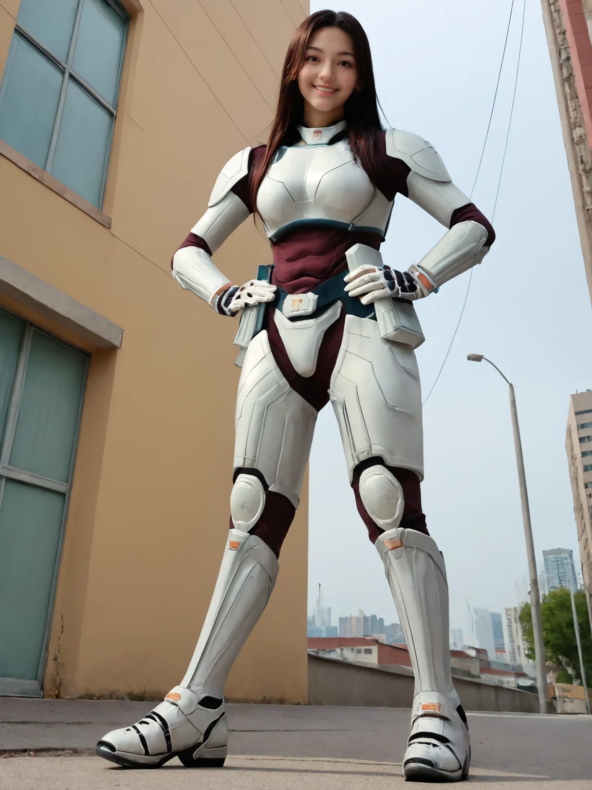 score_9, score_8_up, score_7_up, <lora:offset_0.2:0.1>, <lora:spo_sdxl_10ep_4k-data_lora_webui:1>, BREAK,
1girl, solo, BREAK,
terraformarsmoviebodysuit, armored bodysuit, black bodysuit, white armor, boobplate, shoulder pads, wrist guards, black gloves, white gloves, utility belt, belt pouch, hip armor, crotch plate, thigh armor, knee pads, shin guards, armored shoes, <lora:Terraformars:1>, BREAK,
smile, looking at viewer, hands on own hips, BREAK,
full body, from below, outdoors, city, skyline