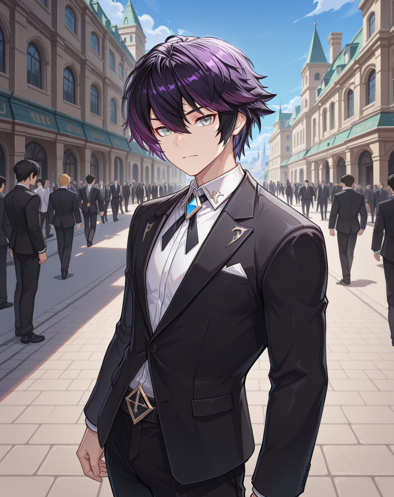 masterpiece,best quality,amazing quality, newest, very aesthetic, absurdres,
1boy, solo, yaoi, male focus, looking at viewer, cowboy shot, standing,
 <lora:Sieghart_T_Default_ilxl:1> siegtdefault, black hair, multicolored hair, purple hair,hair between eyes, short hair, grey eyes,
formal, tuxedo, neck ribbon, white shirt, collared shirt, black pants, shoes, black footwear, suit jacket, black jacket,
outdoors, day, blue sky, building, people,