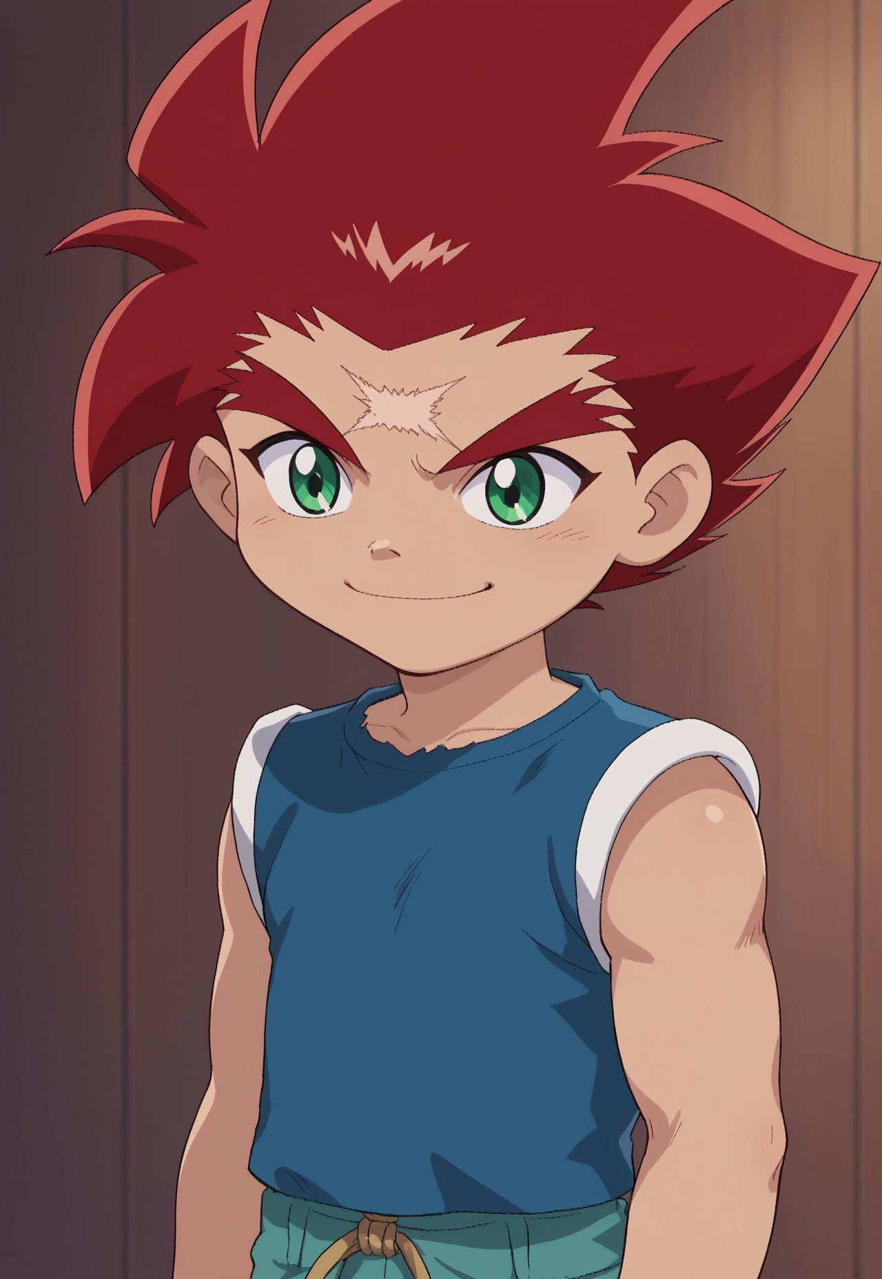 score_9, score_7_up, source_anime

DaichiSumeragi, 1boy, male child, male focus, solo, green eyes, red hair, spiked hair, scar, scar on forehead, shirt, blue shirt, smile, upper body

outdoor, 