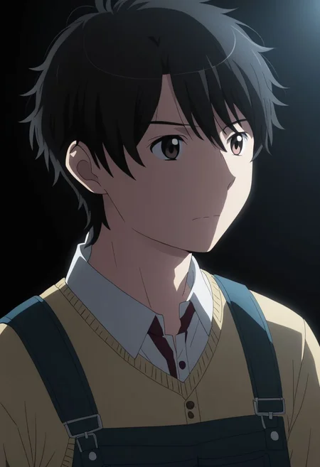 high resolution, solo, best quality, 1Boy, Inaho Kaizuka, Black Hair, Brown Eyes, cool, Mysterious black background, Movie lighting, a sense of atmosphere, OverallDetail