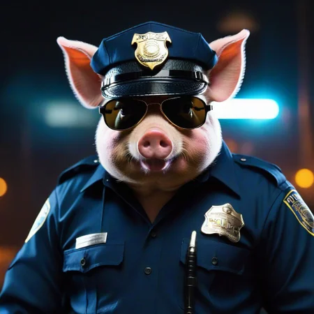 hyper-realistic (highly detailed) photo of 4 cyberpunk (Piggie) thug law-enforcement gang ((Badge says "police"):1.2) full-uniform aviator-sunglasses :: Smoking cigar :: hands on hips with arrogant attitude, real prick look, realisim 4k 8k, uhd, soft lighting, high quality, dslr, uhhd,