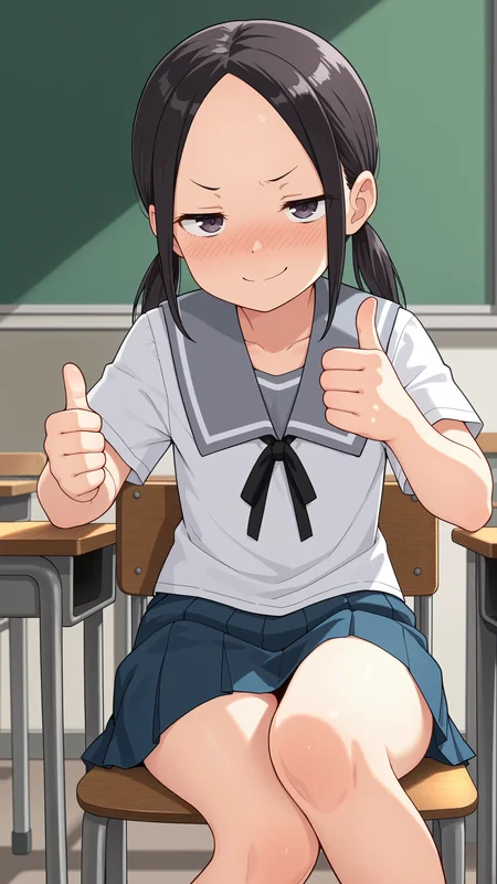 masterpiece, best quality, amazing quality, girl, dynamic pose, <lora:Manana Nonomura - Illu-000004:0.8>, black hair, dark purple eyes, sidelocks, twintails, parted hair, forehead, school uniform, grey collar, black ribbon, blue skirt, pleated skirt, nose blush, classroom, thumbs up, sitting, smug, solo, alone,