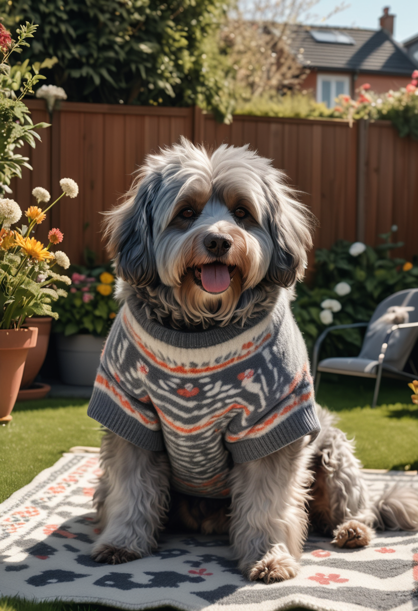 (medium full shot) of (protective dog) with grey fluffy coat, a patterned sweater, performing sitting attentively, set in  a cozy backyard, with a small garden, a few flowers, a comfortable lawn chair, and a dog lying in the sun, Masterpiece,best quality, photo, realistic, very aesthetic,