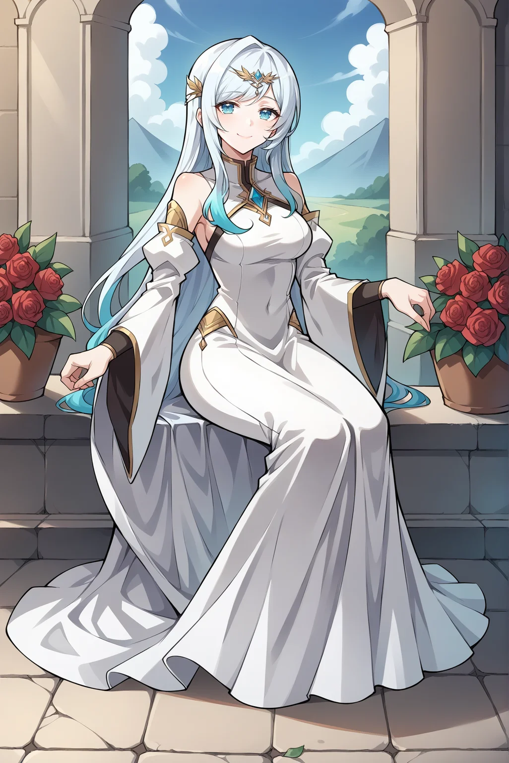score_9, score_8_up, score_7_up, score_6_up, source_anime, 1girl, slender, solo, el harnier, <lora:HarnierXL_V1:0.8>
BREAK (closed mouth, smile), (gradient hair, white hair, blue hair, long hair, medium breasts)
BREAK (long dress, white dress, circlet, detached sleeves, wide sleeves:1.4),
BREAK (full body, looking at viewer, sitting:1.4), outdoors, palace, garden, roses
