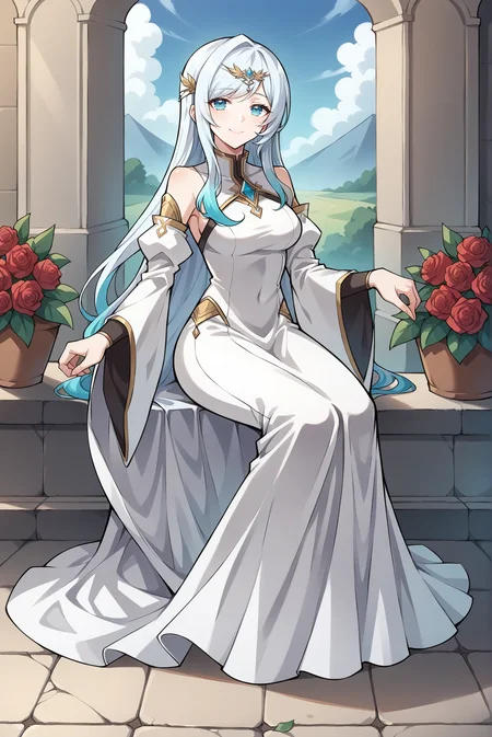 score_9, score_8_up, score_7_up, score_6_up, source_anime, 1girl, slender, solo, el harnier, <lora:HarnierXL_V1:0.8>
BREAK (closed mouth, smile), (gradient hair, white hair, blue hair, long hair, medium breasts)
BREAK (long dress, white dress, circlet, detached sleeves, wide sleeves:1.4),
BREAK (full body, looking at viewer, sitting:1.4), outdoors, palace, garden, roses