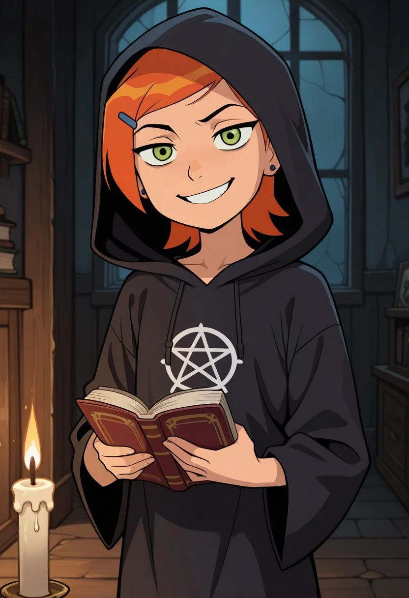 masterpiece, best quality, amazing quality,
1girl, solo,
Gwendolyn_Tennyson, green eyes,
Evil smile, Gothic,
Solid Black robe, Hood up,
Pentagram, Dark room, candles, Holding book,