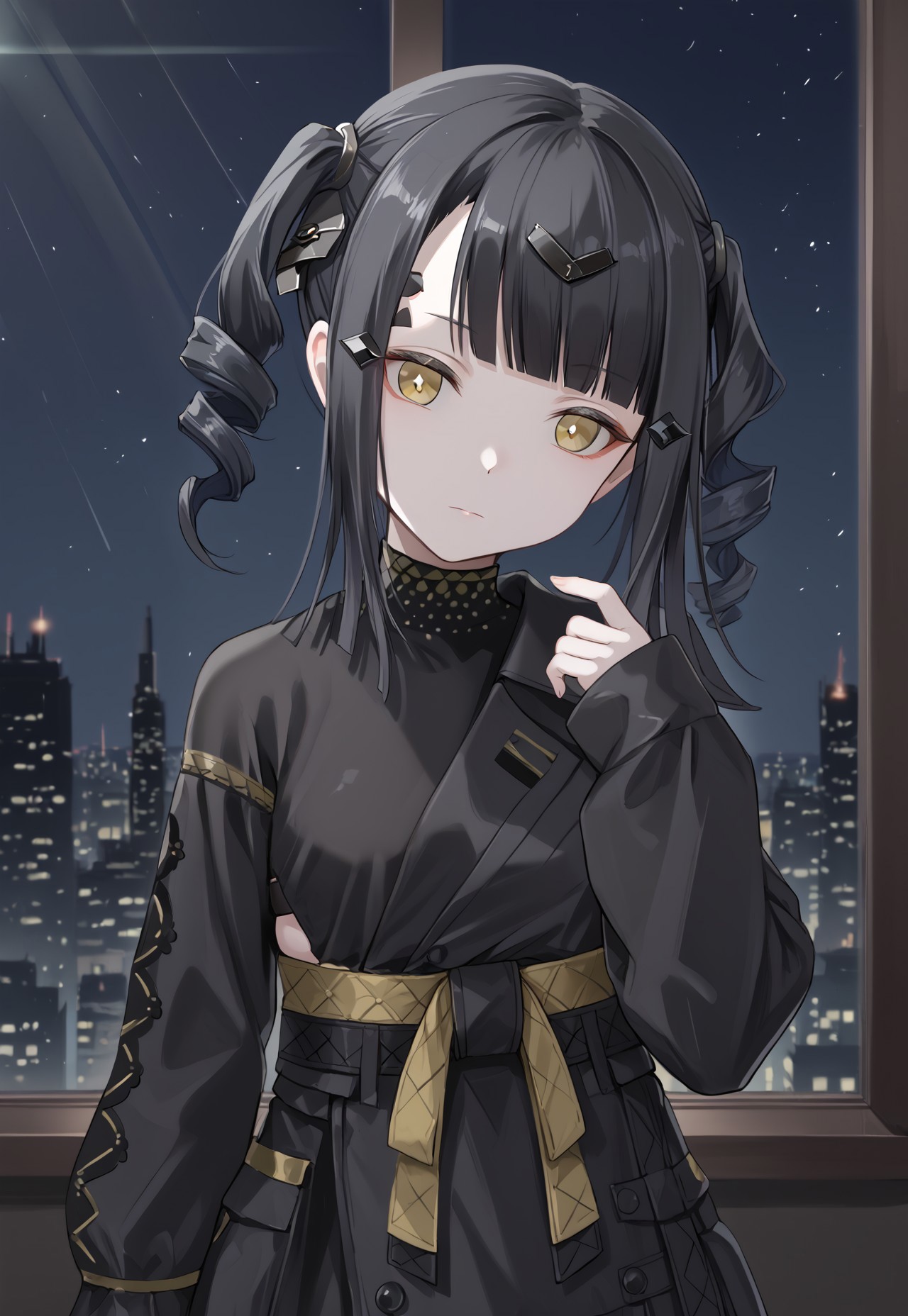 Nimogen, blunt bangs, black hair, black dress, long hair, twintails, sleeves past wrists, long sleeves, yellow eyes, hair ornament, small breasts, drill hair, pale skin, yellow sash, twindrills,

looking down, head tilt, hand up, closed mouth,
 
window, city, cityscape, dark, night, night sky,

1girl, solo, solo focus, highres, absurdres, light particles, shade, lens flare, shiny skin, fine fabric emphasis,