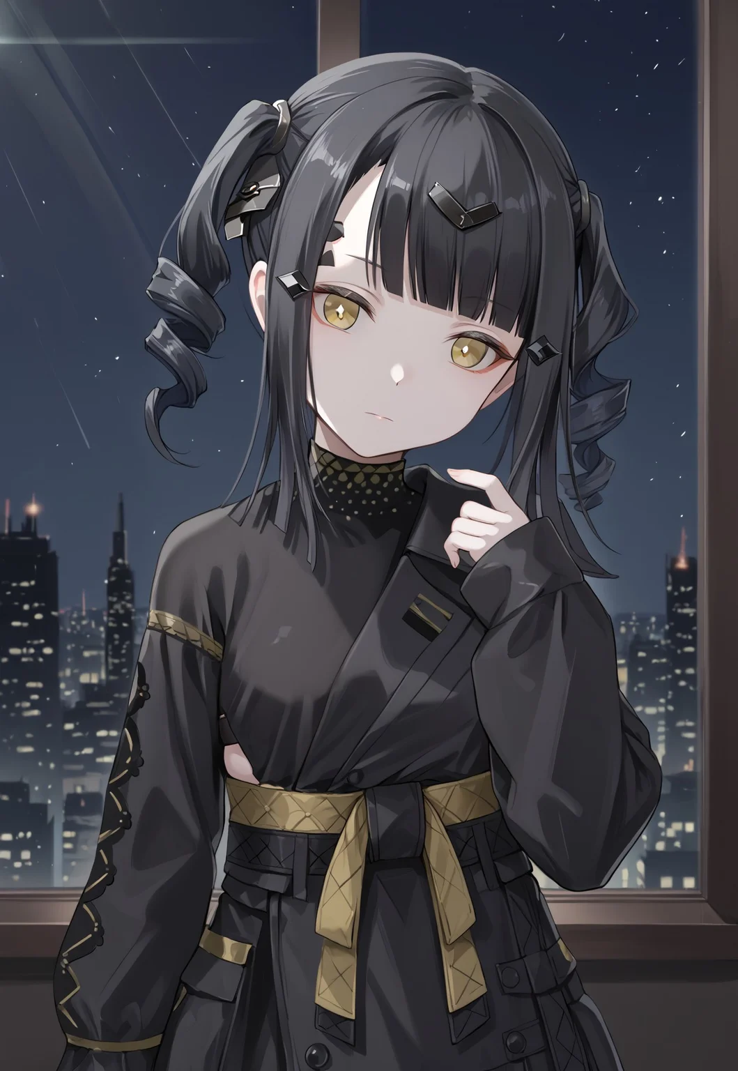 Nimogen, blunt bangs, black hair, black dress, long hair, twintails, sleeves past wrists, long sleeves, yellow eyes, hair ornament, small breasts, drill hair, pale skin, yellow sash, twindrills,

looking down, head tilt, hand up, closed mouth,
 
window, city, cityscape, dark, night, night sky,

1girl, solo, solo focus, highres, absurdres, light particles, shade, lens flare, shiny skin, fine fabric emphasis,